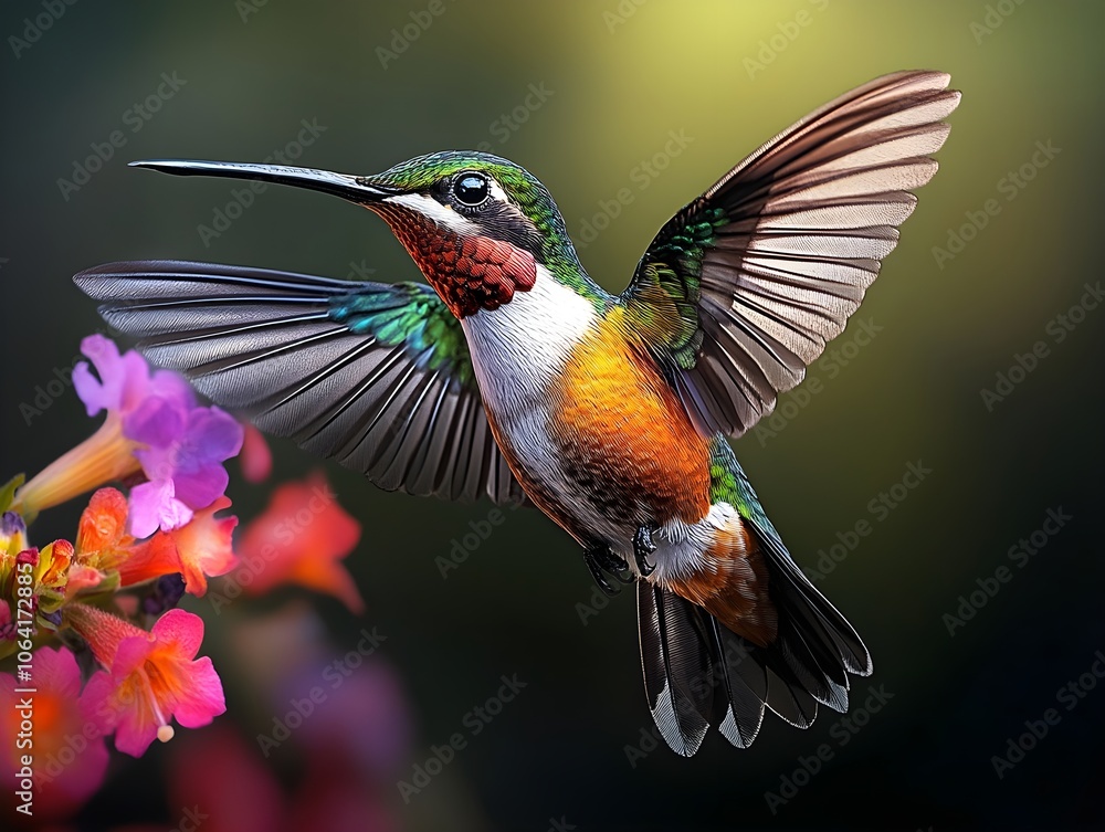 Fototapeta premium Flying hummingbird in a blooming garden
