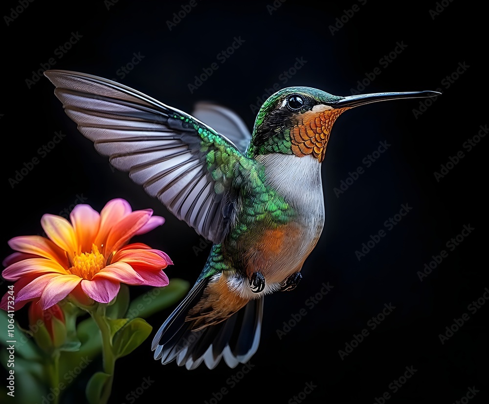 Fototapeta premium Flying hummingbird in a blooming garden