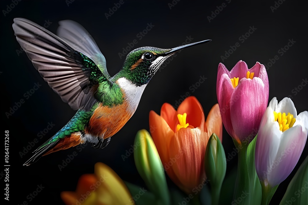 Naklejka premium Flying hummingbird in a blooming garden