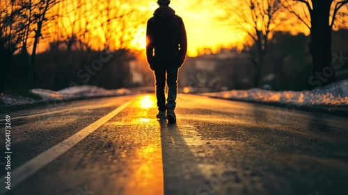 A silhouette of a person walking on a wet road at sunset, creating a serene atmosphere.