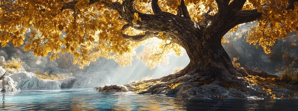 A massive tree with roots extending into a mirrored lake, surreal branches growing into the shape of hands reaching towards the sky, autumn colors A massive tree with roots extending into a mirrored lake, surreal branches growing into the shape of hands reaching towards the sky, autumn colors