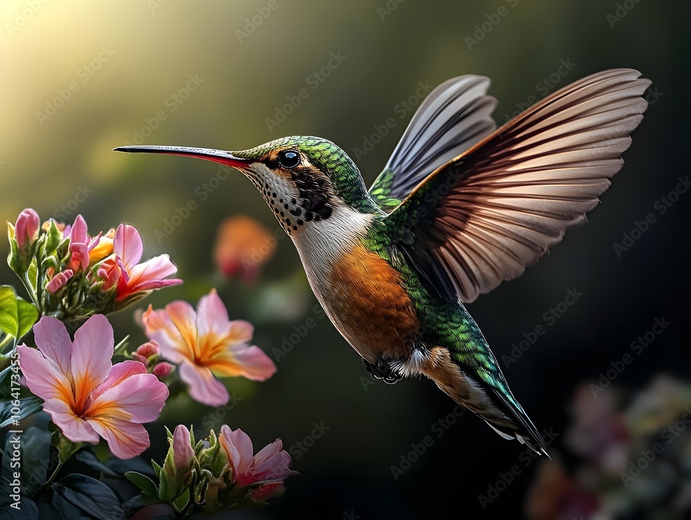 Fototapeta premium Flying hummingbird in a blooming garden