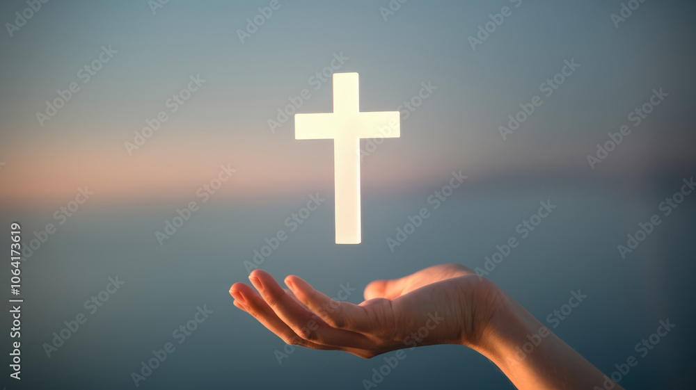 Obraz premium A person is holding a white cross in their hand, with their palm facing upwards. The hand is open and the cross is positioned above it, creating a sense of openness and peace