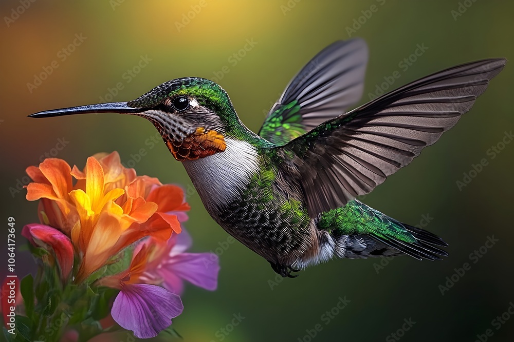 Flying hummingbird in a blooming garden Flying hummingbird in a blooming garden