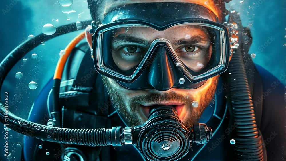 A diver gazes intently through their mask while submerged in the ocean