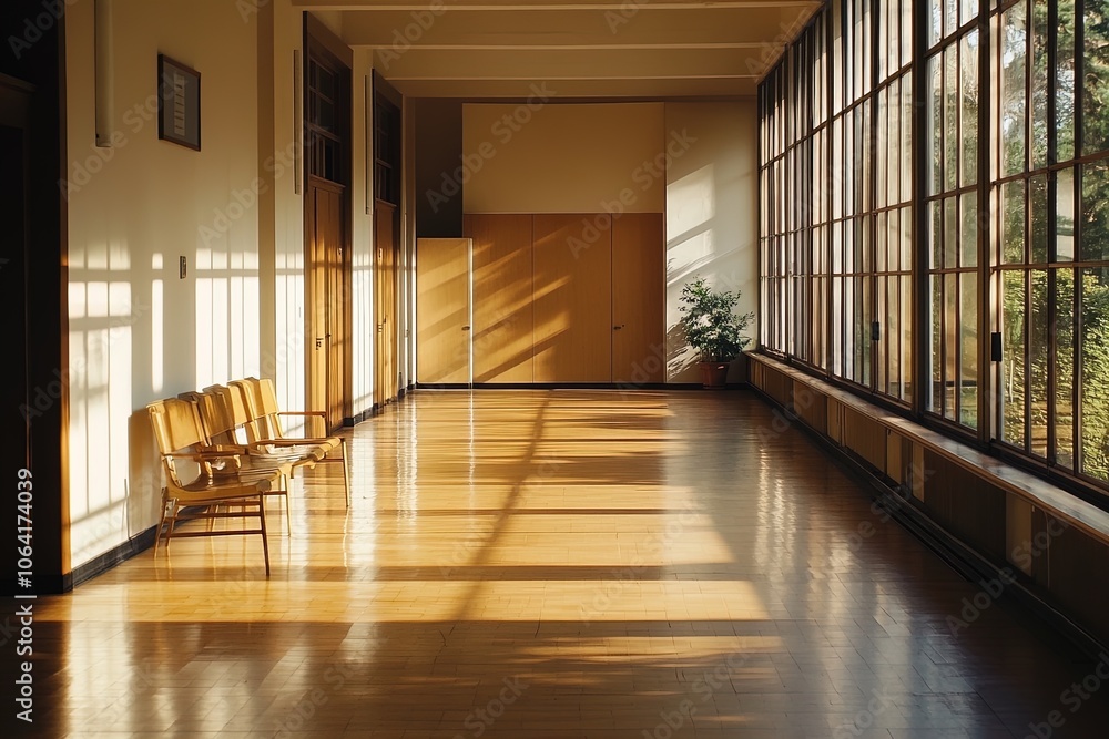 Fototapeta premium Interior of a Sunlit Hallway Featuring Wooden Floors, Elegant Chairs, and Large Windows in a Serene Setting