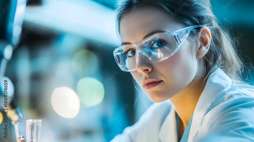 A Female Scientist Wearing Protective Gear In A Lab A Female Scientist Wearing Protective Gear In A Lab