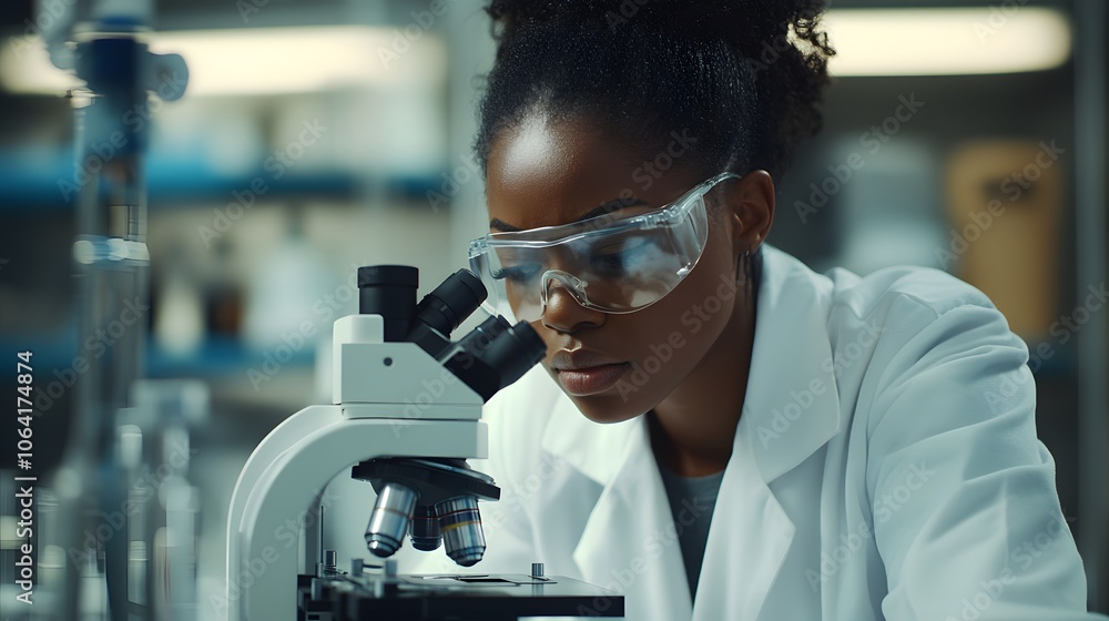 A female scientist examining a sample under a microscope in a lab A female scientist examining a sample under a microscope in a lab