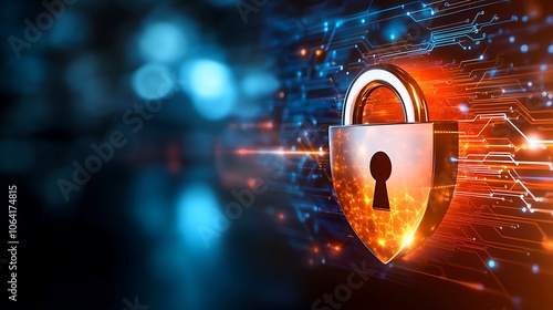 An innovative stock photo showcasing a padlock globe icon integrated with a digital circuit design against a dark background