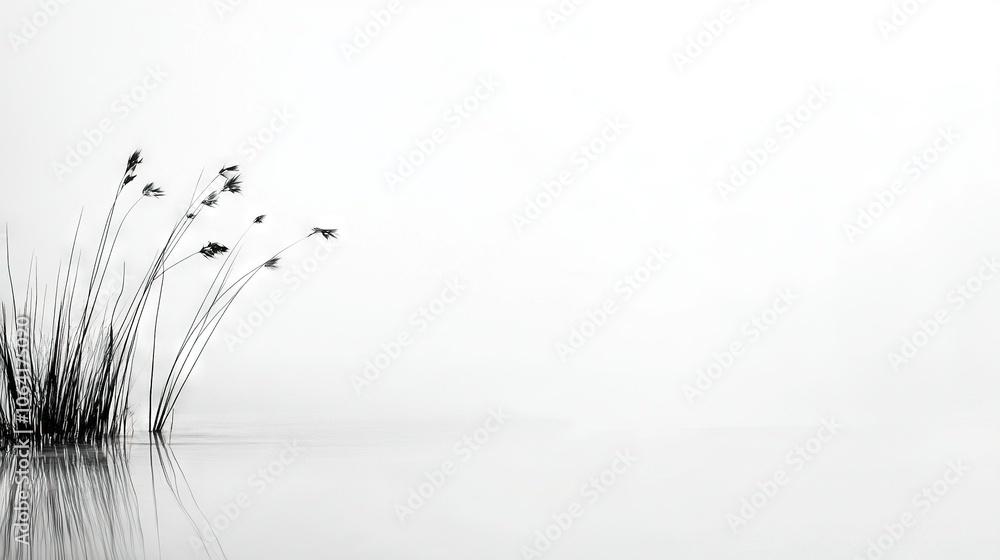 Black & white photo of flowers in water with foggy background Black & white photo of flowers in water with foggy background