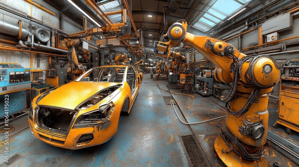 Fototapeta premium Robotic arms assemble a yellow car body in a factory.