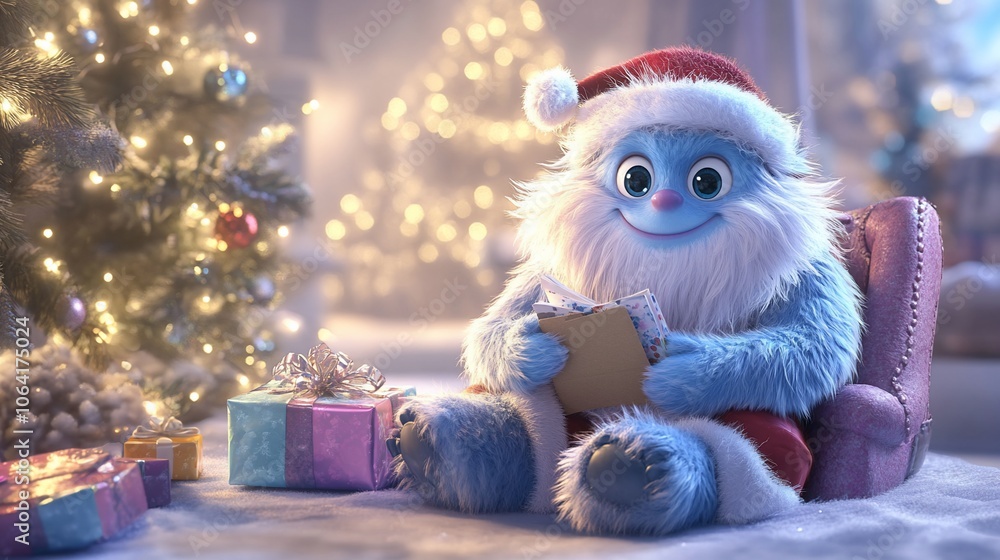 A cute blue Yeti dressed as Santa Claus sits in a chair holding a letter with a Christmas tree and presents behind him. A cute blue Yeti dressed as Santa Claus sits in a chair holding a letter with a Christmas tree and presents behind him.