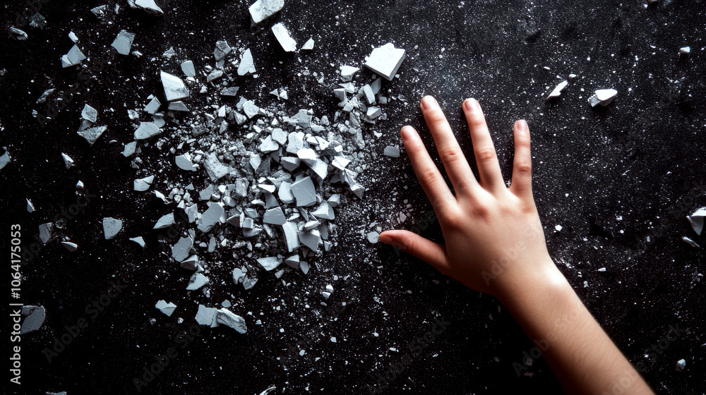 A hand reaches out to touch scattered white particles on a dark surface. Concept of interaction and chaos. A hand reaches out to touch scattered white particles on a dark surface. Concept of interaction and chaos.