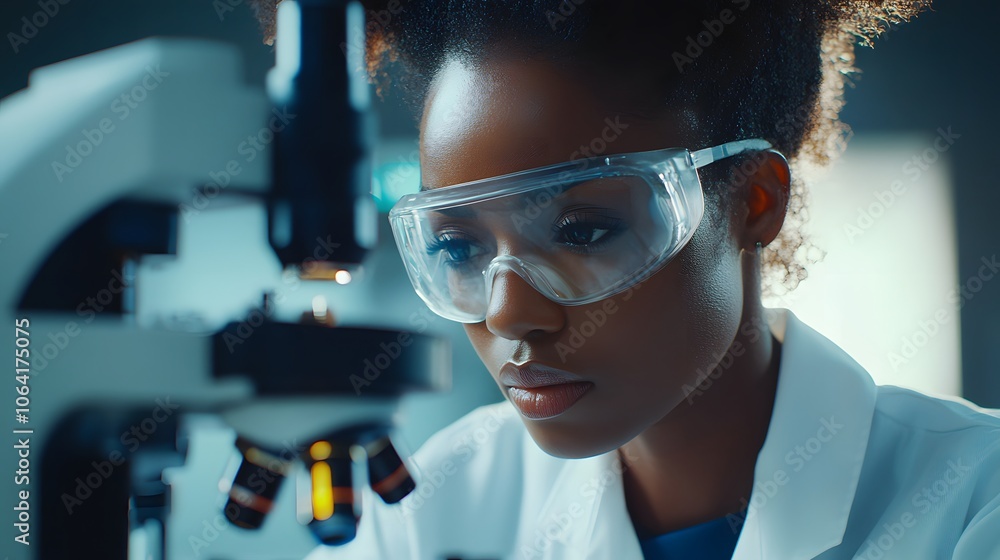 A Close-Up Portrait of a Concentrated Female Scientist Using a Microscope A Close-Up Portrait of a Concentrated Female Scientist Using a Microscope