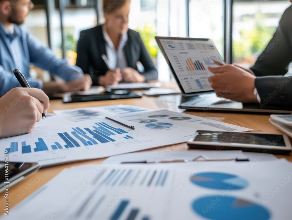Professional team reviewing financial reports and strategies in a conference room with digital tools Professional team reviewing financial reports and strategies in a conference room with digital tools