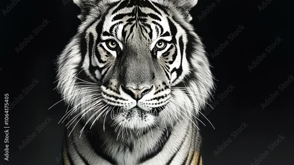 A striking black-and-white portrait of a tiger showcasing its powerful features. A striking black-and-white portrait of a tiger showcasing its powerful features.