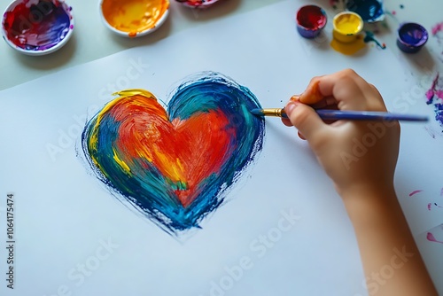 Kid painting a colorful heart on white paper using a brush and tempera colors