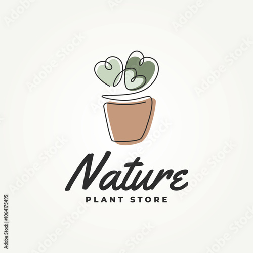 minimalist love shaped nature plant leaves in a pot line art icon logo vector illustration design. simple modern ecology, plant store, buy plant, evergreen logo concept