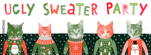 Vintage Hipster Ugly Christmas Sweater Party Banner, Invitation or Poster with Funny Halftone Cat Design and Hand Drawn Lettering