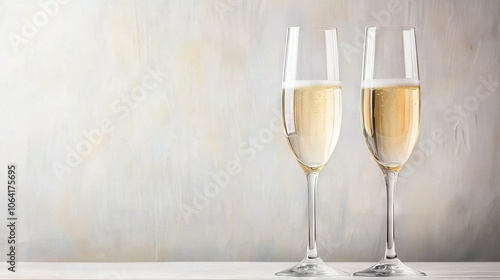  Two champagne glasses rest atop a wooden table against a white backdrop