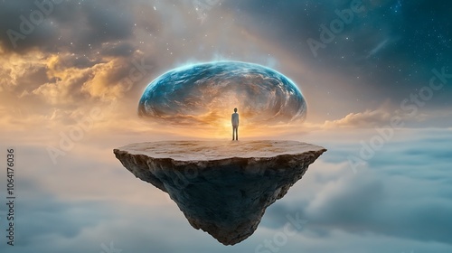 A silhouette of a person standing on the edge of a cliff, overlooking a surreal and dreamlike world, representing the endless possibilities of the mind in motion. photo