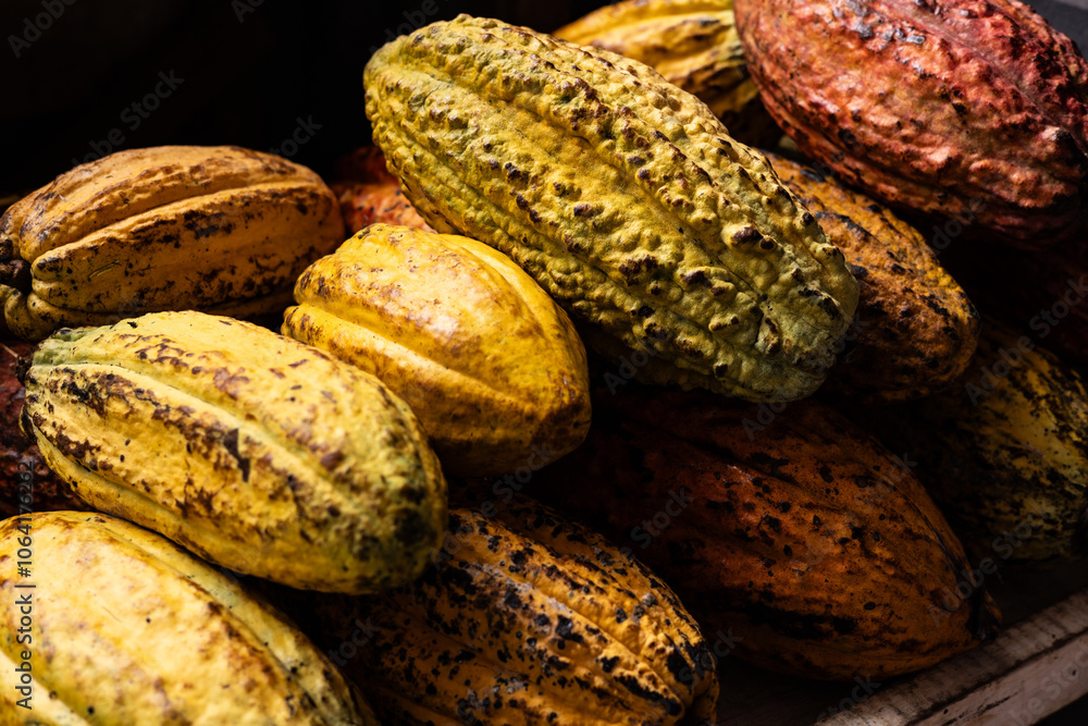Cocoa fruits on shelf Cocoa fruits on shelf