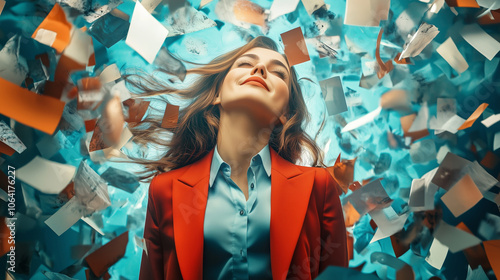 young businesswoman with flying papers photo