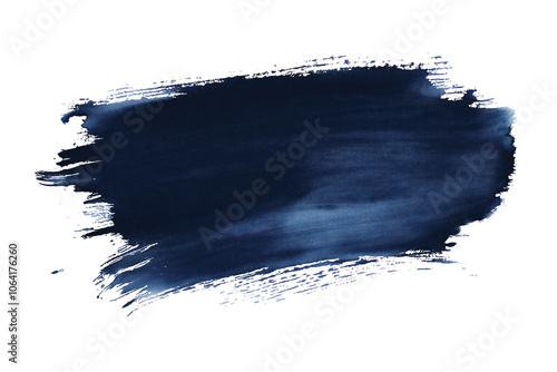 Dark blue paintbrush stroke isolated on transparent background. Bristles point upwards, texture and splatter of paint visible. Close-up view of artistic brush mark, grunge design, watercolor effect. photo