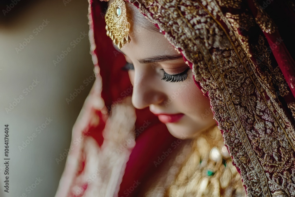 Beautiful Indian Bride in Traditional Red Sari with Gold Jewelry Beautiful Indian Bride in Traditional Red Sari with Gold Jewelry