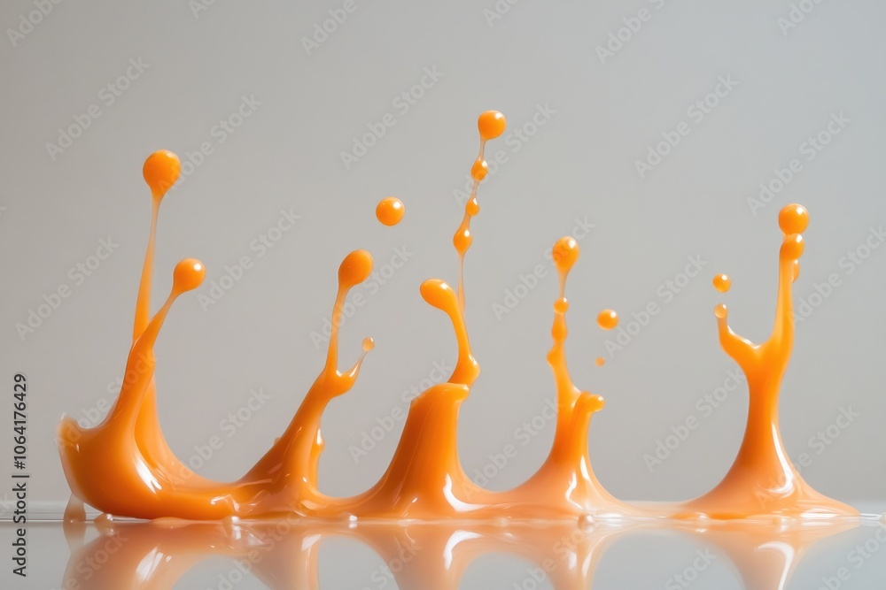Foto Orange Liquid Splashes and Droplets on a Reflective Surface