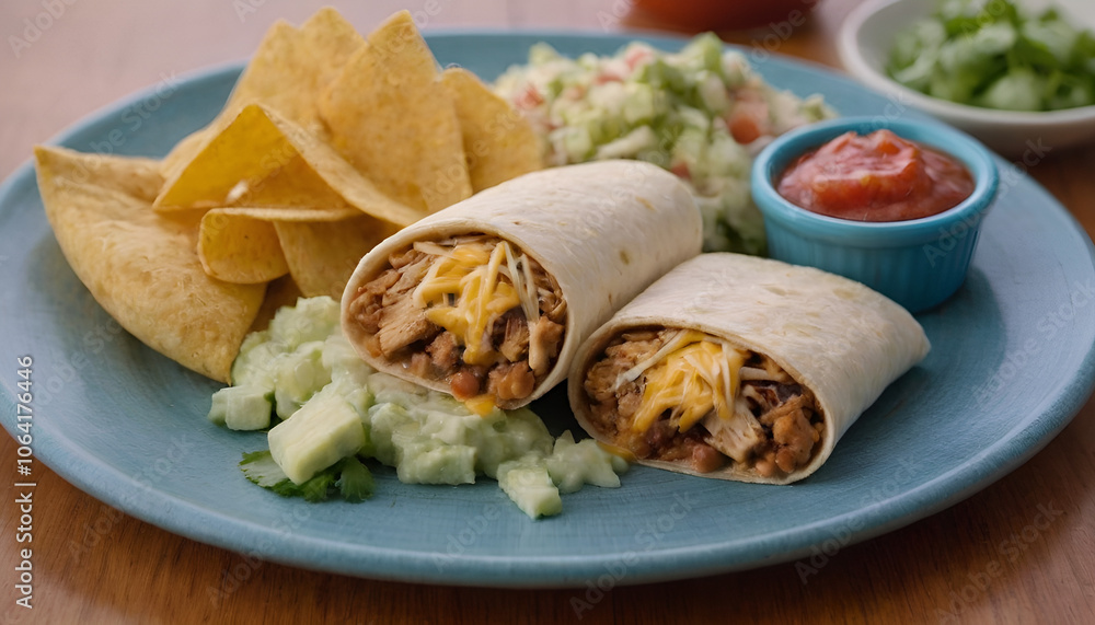 chicken and refried bean burrito with cheese on a plate chicken and refried bean burrito with cheese on a plate