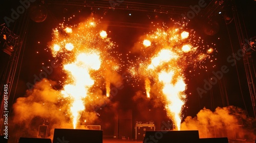 Two sets of fireworks are lit up in the air. The fireworks are orange and are shooting out of the sky