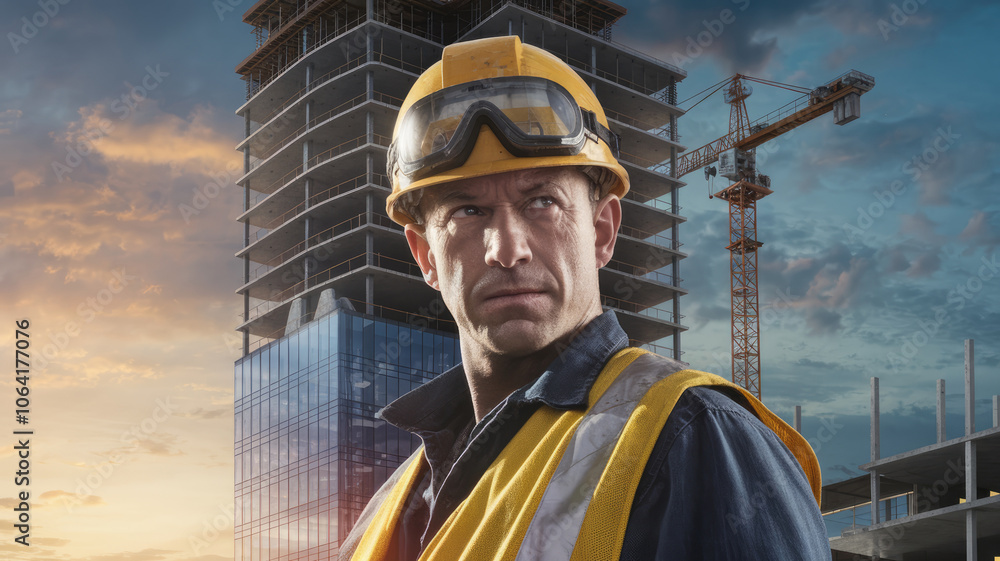 A man in a yellow vest stands in front of a building. He is wearing a hard hat and safety glasses A man in a yellow vest stands in front of a building. He is wearing a hard hat and safety glasses