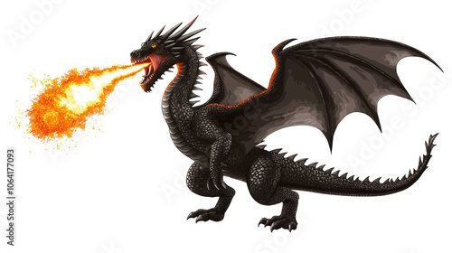 Black dragon stands on gray platform with wings spread. Long tail curled up in defensive stance. Fiery red flame in mouth. Fierce fantasy creature on isolated transparent background. Alpha mask.