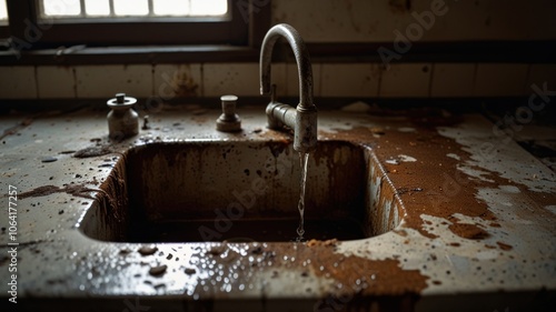 a close-up of a broken wastafel, its once pristine surface now marred by rust and grime. A single faucet, dripping water, adds to the sense of decay and neglect. photo