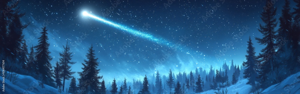 Fototapeta premium Christmas star lighting up the night sky in snowy forest