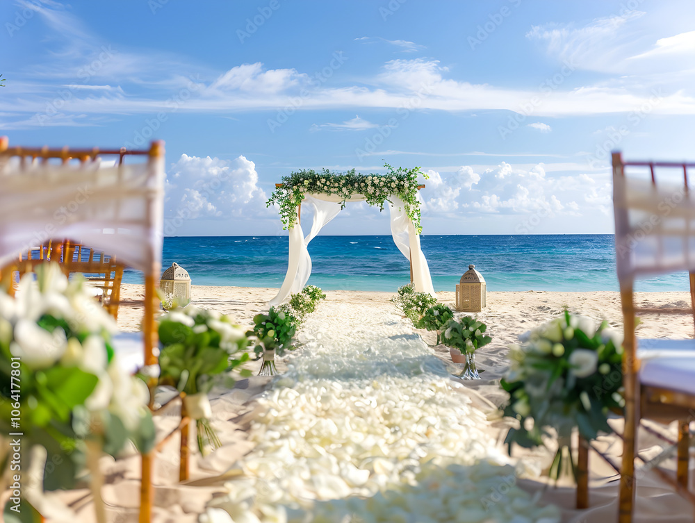 Fototapeta premium A picturesque beachside wedding ceremony featuring a beautifully decorated altar and joyful guests in attendance.