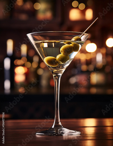 A classic martini cocktail with a green olive garnish, served in a dimly lit bar setting