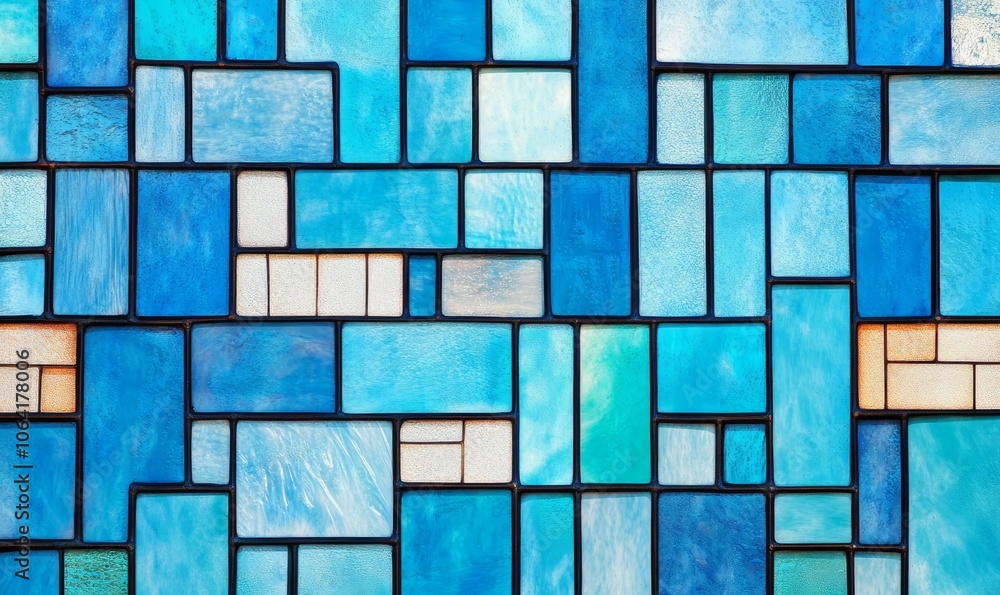 A closeup of an electric blue stained glass window with a geometric pattern of rectangles in azure, aqua, and brick, showcasing symmetry and urban design art A closeup of an electric blue stained glass window with a geometric pattern of rectangles in azure, aqua, and brick, showcasing symmetry and urban design art