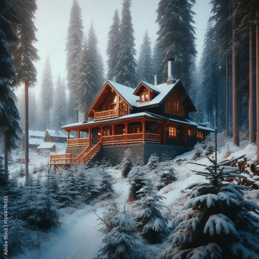 Naklejka premium A cozy wooden cabin nestled in a snowy forest, with warm lights glowing from its windows