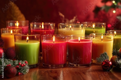 Assortment of Scented Candles on Wooden Table with Festive Decorations photo