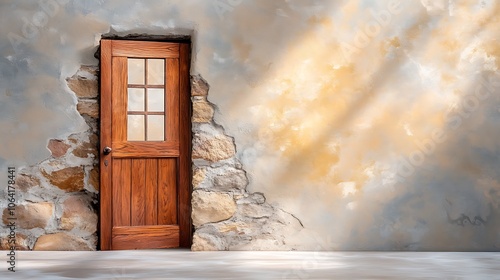 Perspective shot of a solitary wooden door in the eerie corridors of Eastern State Penitentiary, a haunting reminder of its past as a notorious prison. photo