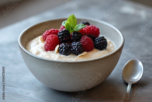 Delicious Bowl of Oatmeal Topped With Fresh Raspberries, Blackberries, and Mint on a Kitchen Countertop