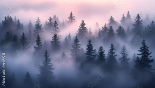 Enchanting Mist-Filled Forest with Towering Pines