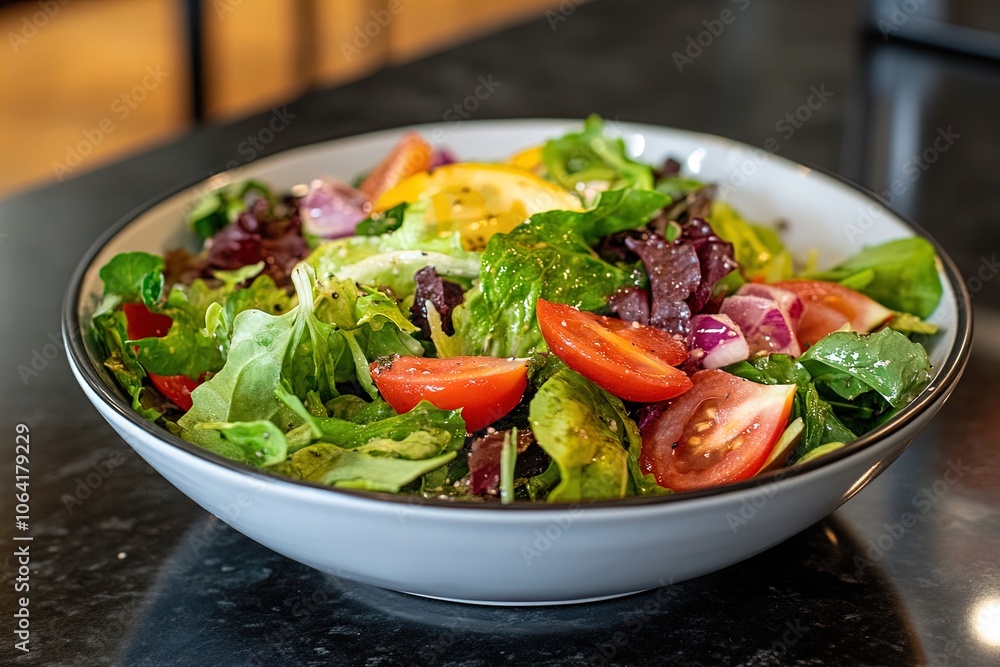 Fresh Garden Salad With Vibrant Vegetables Served in a Bowl on a Dark Countertop During Daylight Hours