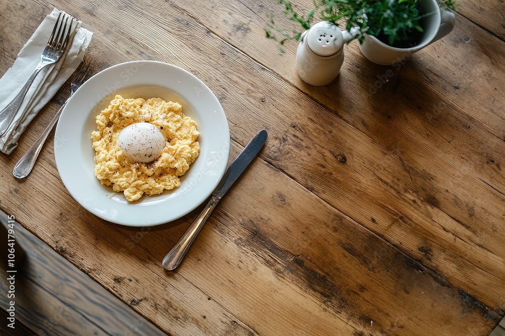 Freshly Prepared Scrambled Eggs With a Perfectly Poached Egg on a Rustic Wooden Table, Perfect for Breakfast Freshly Prepared Scrambled Eggs With a Perfectly Poached Egg on a Rustic Wooden Table, Perfect for Breakfast