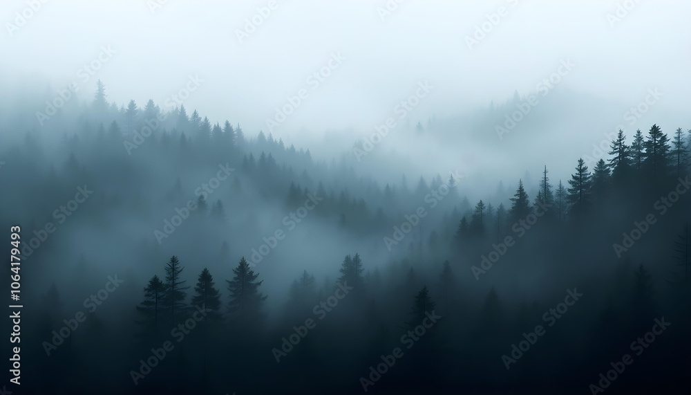 Fototapeta premium Captivating Foggy Forest with Towering Evergreens