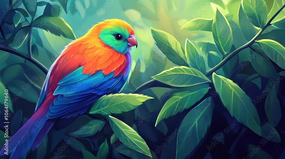 Obraz premium A colorful bird perched atop a green-leafed tree branch amidst a lush, verdant forest background
