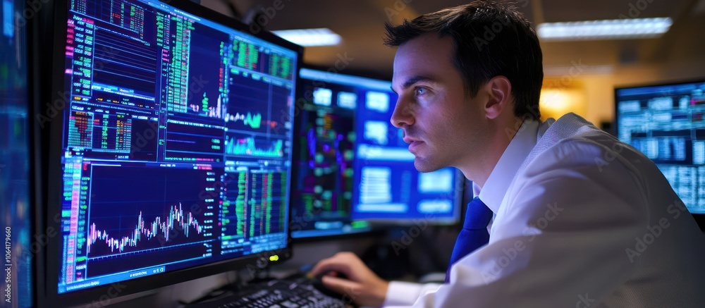 Stock market analyst using high-definition monitors to track real-time financial data and trends in a trading room Stock market analyst using high-definition monitors to track real-time financial data and trends in a trading room