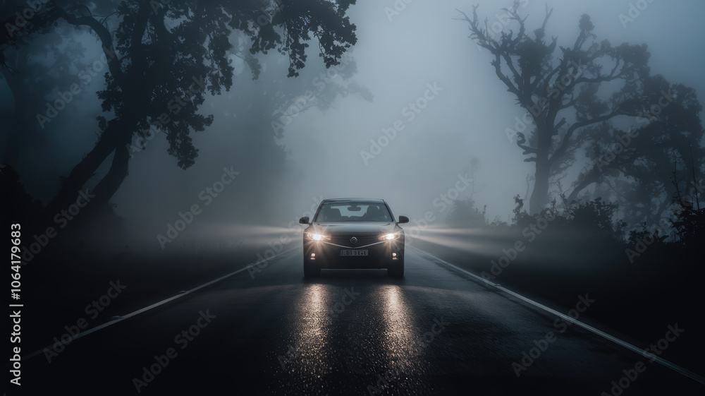 A car is driving down a road in the rain. The headlights are on, illuminating the car and the road ahead. The scene is dark and moody, with the rain adding to the overall atmosphere A car is driving down a road in the rain. The headlights are on, illuminating the car and the road ahead. The scene is dark and moody, with the rain adding to the overall atmosphere